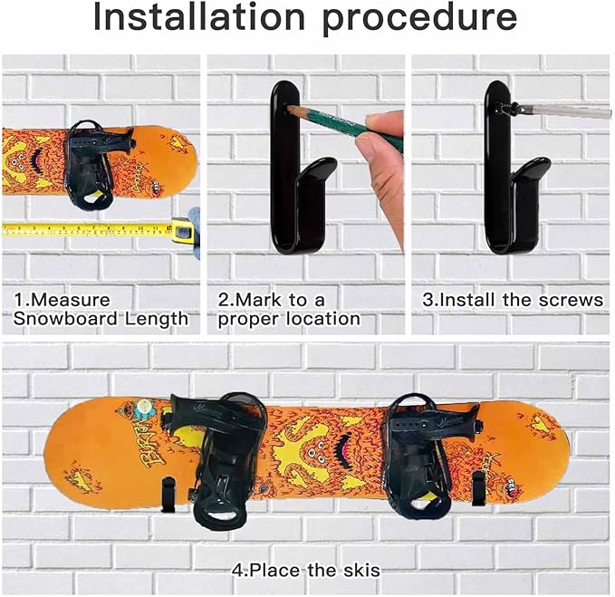 Snowboard Wall Mount & Skateboard Display Rack - Horizontal Hanger Clips for Snowboards, Longboards, Skateboards - Space Saving Storage Solution for Garage, Bedroom, Living Room (Black, 2 PCS)