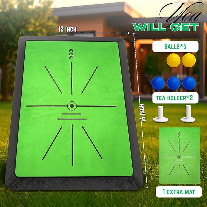Golf Hitting Mat with Dual-Turf & Swing Feedback, Portable Golf Practice Mat with Anti-Slip Base for Indoor/Outdoor Use, Includes Ball Tray, 5 Balls & 2 Tees, Perfect Golf Mat for Chipping & Driving