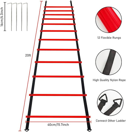 Pro Speed & Agility Training Set—Includes 12 Rung 20ft Adjustable Agility Ladder with Carrying Bag, 12 Disc Cones, 4 Steel Stakes, 1 Resistance Parachute, Use Equipment to Improve Footwork Any Sport
