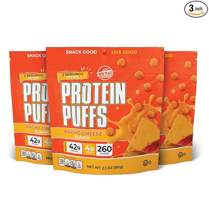 Twin Peaks Low Carb, Keto Friendly Protein Puffs, (Nacho Cheese), 2 Servings, 3 Pack (60g, 42g Protein, 4g Carbs)