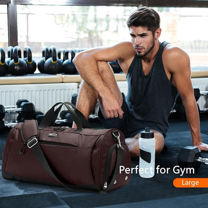 TOPDesign Gym Bag for Women & Men, Unisex Duffel Bag with Shoe Compartment & Wet Pocket for Travel Sports Gym (L Brown)