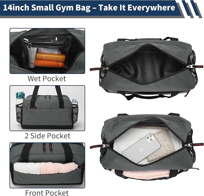 Small Gym Bag with Wet Pocket - 14 inch Mini Duffle Bag for Men & Women Lightweight Carry On Bag for Travel Sport - Dark Grey