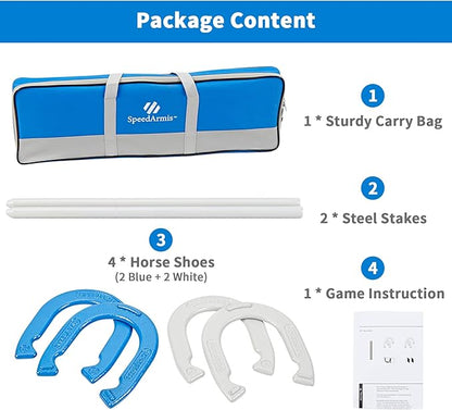 Horseshoes Outside Game Set - Universal Size Lawn Horseshoes Outdoor Games for Parties Beach Backyard, Includes 4 Horseshoes, 2 Steel Stakes and Durable Carrying Bag
