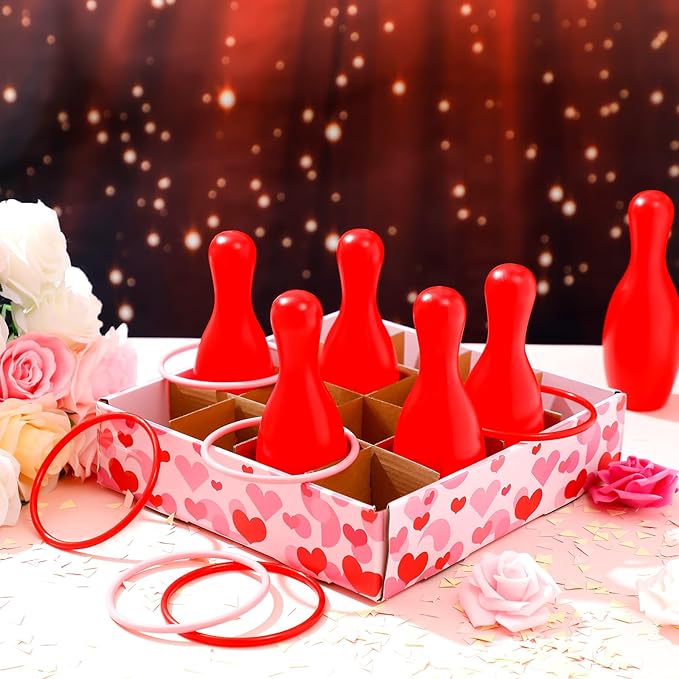 Wettarn Valentine Bottle Toss Game Valentine‘s Day Games Ring Toss with Pink Red Hearts Box 6 Plastic Bottles and 6 Throw Rings for Outdoor Bridal Shower Wedding Activity Party