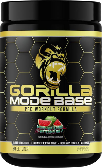 Gorilla Mind Base Pre Workout - Raises Nitric Oxide Intense Focus & Drive Endurance Power - L-Citrulline, L-Tyrosine, Betaine, Alpha-GPC, Caffeine, Huperzine A - 360 Grams (Watermelon)