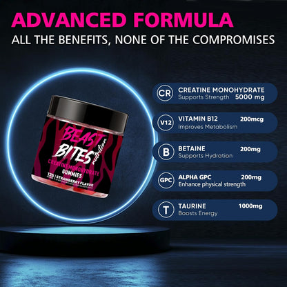 Creatine Monohydrate Gummies for Men & Women - 5g of Creatine Monohydrate per Serving - Sugar Free,Vegan, Strawberry Flavor, 135 Count (45 Servings).