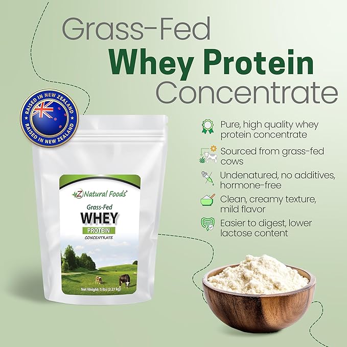 Z Natural Foods Grass-Fed Whey Protein Concentrate - Clean Whey Protein Powder from New Zealand - Cold Processed Pure Whey Protein with Essential Amino Acids for Nutrition & Fitness, Unflavored, 5 lbs