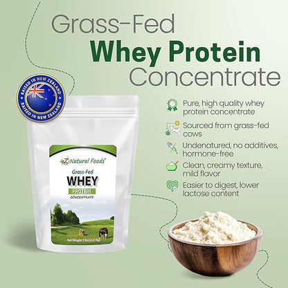 Z Natural Foods Grass-Fed Whey Protein Concentrate - Clean Whey Protein Powder from New Zealand - Cold Processed Pure Whey Protein with Essential Amino Acids for Nutrition & Fitness, Unflavored, 5 lbs