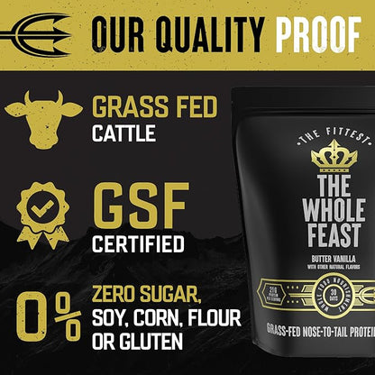 The Fittest Whole Feast Beef Protein Powder - Butter Vanilla - Grass Fed Nose to Tail Carnivore Blend Including Liver, Colostrum and Whole Bone - BCAAs - 14g Collagen - 21g Total Protein