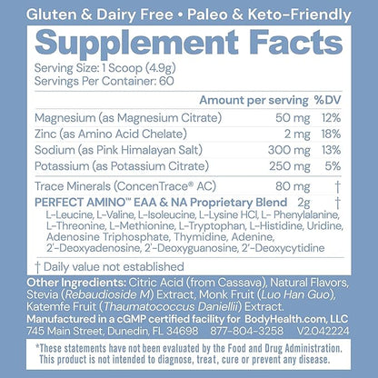 BodyHealth PerfectAmino Electrolytes Powder No Sugar, Hydration Fasting Keto Zero Sugar Electrolytes Drink Mix with Trace Minerals - Passion Fruit - 60 Servings