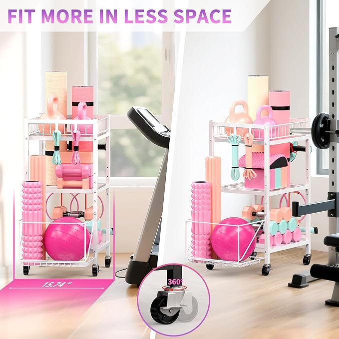 3-Tier Home Gym Storage Rack, Adjustable Yoga Mat Storage Rack, 250LBS Metal Workout Equipment Storage Cart with Large Basket & Lockable Wheels for Mats, Bands, Foam Rollers, Yoga Block (Rack Only)