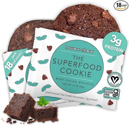 Love + Chew, Mint Cacao Brownie Minis - 18 Count - Tasty Gluten Free Cookies - Vegan - Healthy, Paleo, Non GMO Snacks - Individually Wrapped, Soft Baked Cookies - Made from High Protein Almonds