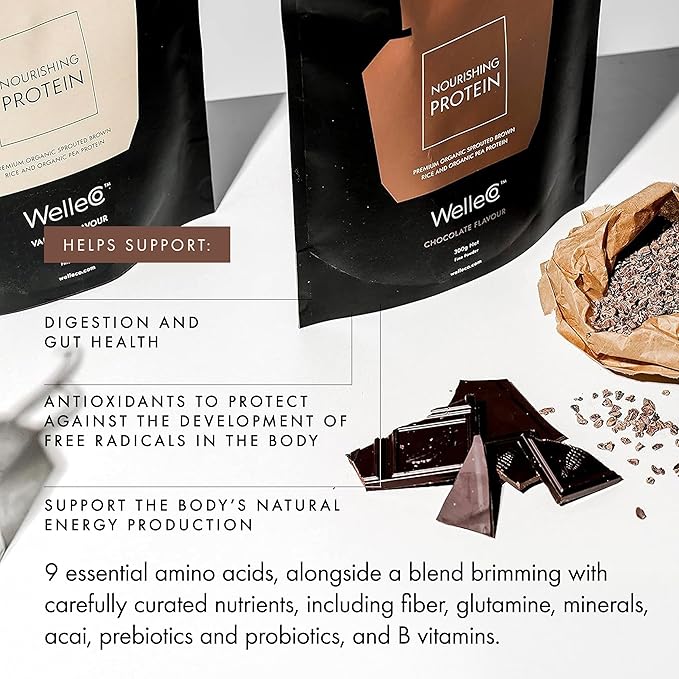 WelleCo, Nourishing Protein, Premium Organic Sprouted Brown Rice & Pea Protein, Chocolate Flavour, 300g (10.5oz) Pouch