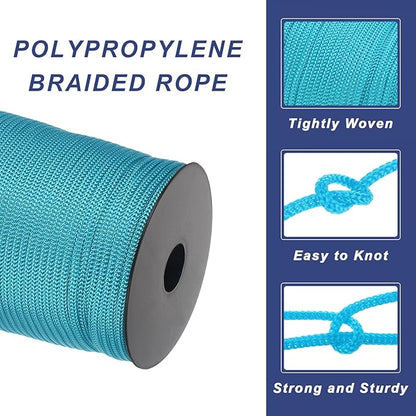 MECCANIXITY 5/32 Inch Polypropylene Rope Braided Ropes, 328ft Camping Rope Hollow Utility Cord for Clothesline, Hiking, Outdoor, Blue-Green