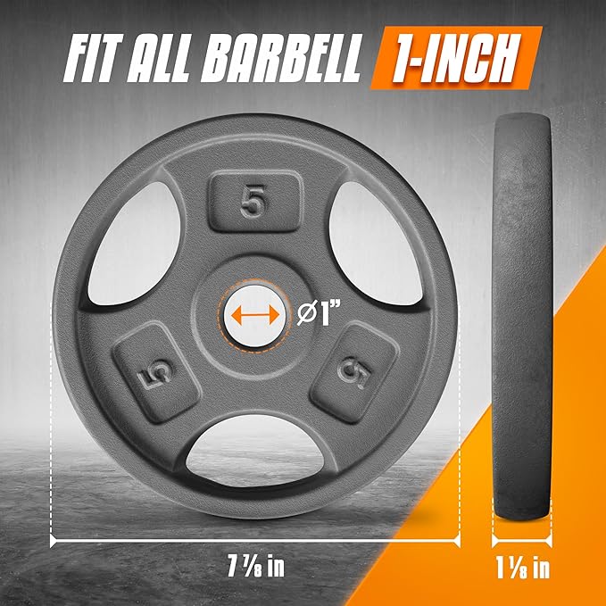 Yes4All Standard 1-Inch Grip Weight Plates, Cast Iron with Multiple Sizes from 2.5 lb to 35 lb for Strength Training, Weightlifting & Muscle Toning