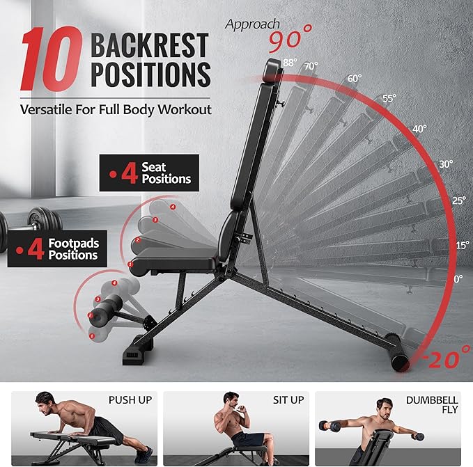 Adjustable Weight Bench for Home Gym with Headrest - Foldable Workout Bench Press, 800lb Capacity for Exercises Incline Flat Decline Sit-Ups