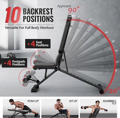 Adjustable Weight Bench for Home Gym with Headrest - Foldable Workout Bench Press, 800lb Capacity for Exercises Incline Flat Decline Sit-Ups