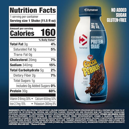 Dymatize Performance Protein Shake, Cocoa Pebbles, 30g of Protein, 6.1g BCAA for Muscle Recovery, No Added Sugar, Low Fat, 24 Vitamins and Minerals, Gluten-Free, Ready to Drink, On-the-Go Snack, 11.5fl oz, 12 pack