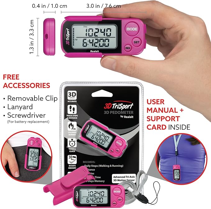 3DTriSport Walking 3D Pedometer with Clip & Strap, eBook Included | 30 Days Memory, Accurate Step Counter, Walking Distance Miles/Km, Calorie Counter, Daily Exercise Time Monitor