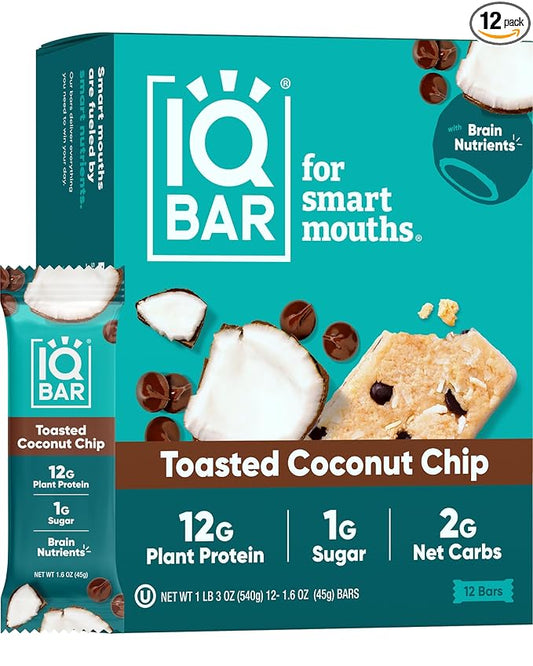 IQBAR Brain and Body Plant Protein Bars - Toasted Coconut Chip - 12-Count Low Carb - Gluten Free