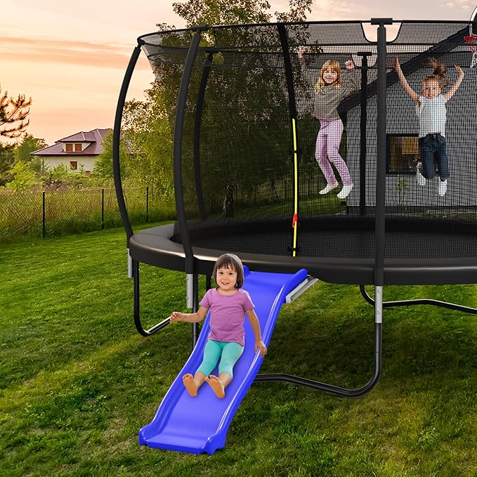 Plastic Trampoline Slide for 8-16FT, Heavy Duty Outdoor Slide for Trampoline, Safe Trampoline Ladder for Kids 6+, 220 LBs Capacity, Blue