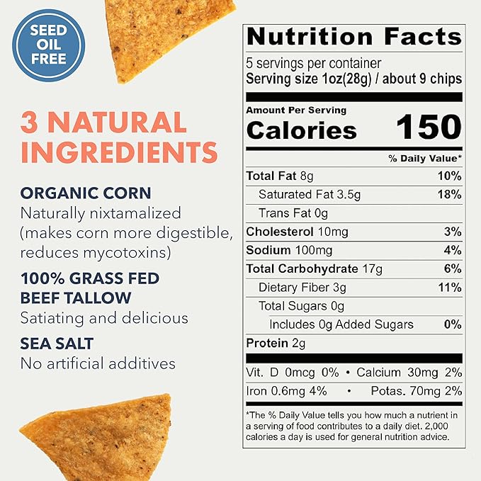 MASA CHIPS - Tortilla Chips Snack Pack - Seed Oil Free, Naturally Grown Corn Chips - Low Carb Snacks - Made with Grass Fed Tallow & Sea Salt - 2 Pack, 5 Ounce Each