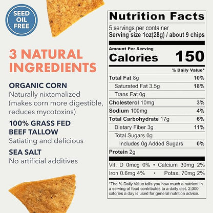 MASA CHIPS - Tortilla Chips Snack Pack - Seed Oil Free, Naturally Grown Corn Chips - Low Carb Snacks - Made with Grass Fed Tallow & Sea Salt - 6 Pack, 5 Ounce Each