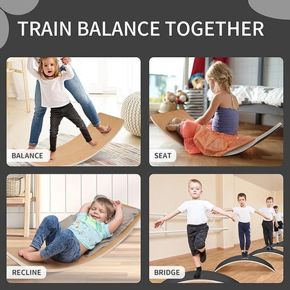Balance Board, 32 Inch Wooden Wobble Board, Montessori Rocker Yoga Curvy Board Natural Wood, Open Ended Learning Toy, Sensory Play Equipment for Office & Classroom, Multiple Colors