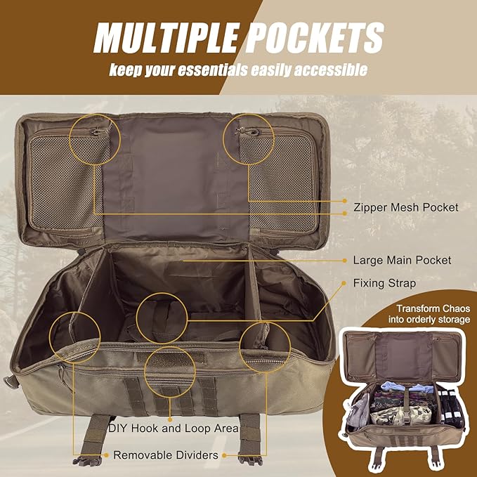 65L Large Travel Gym Duffle Bag Military Tactical Backpack, Army Pack 3 Day Bug Out Bag Rucksack for Outdoor Sport Hiking Camping with Molle System, Coyote