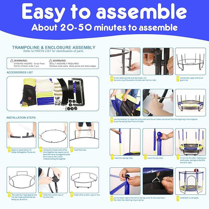 60" Trampoline for Kids, 5 FT Indoor & Outdoor Toddler Baby Trampoline with Basketball Hoop, Safety Enclosure, Birthday Gifts for Kids, Gifts for Boy and Girl, Age 3-8