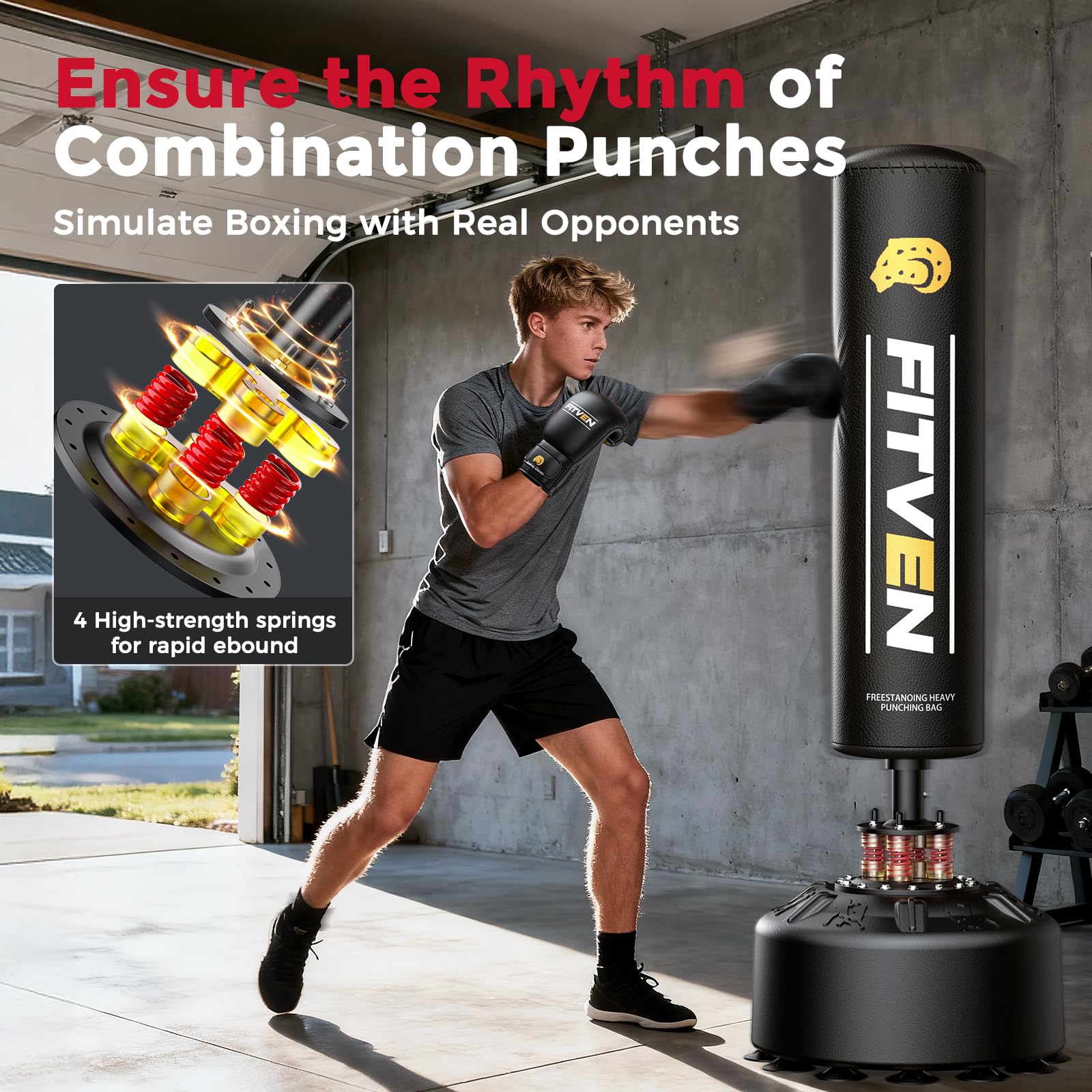 FITVEN Freestanding Punching Bag 70''-190lbs with Boxing Gloves Heavy Boxing Bag with Suction Cup