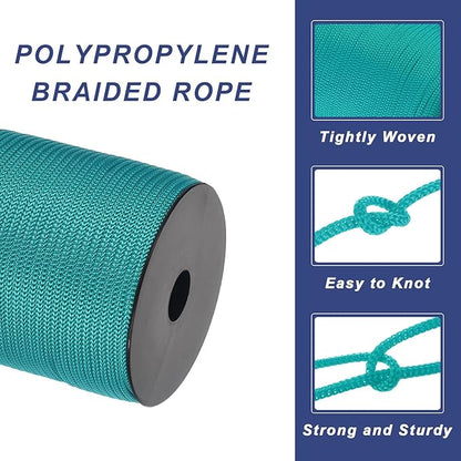 MECCANIXITY 5/32 Inch Polypropylene Rope Braided Ropes, 328ft Camping Rope Hollow Utility Cord for Clothesline, Hiking, Outdoor, Peacock Green
