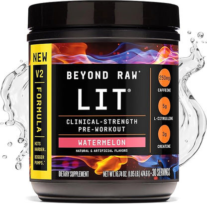 BEYOND RAW LIT V2 Clinical Strength Pre Workout Powder, Hits Harder, Bigger Pumps, Caffeine, L-Citrulline, Creatine, Watermelon, 30 Servings