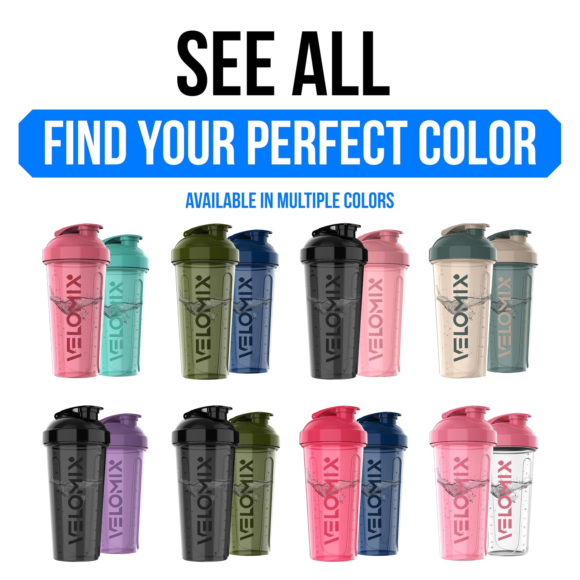 VELOMIX 2 Pack 28oz Protein Shaker Bottle for Protein Mixes, Black/Transpar