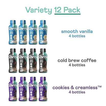 OWYN Only What You Need Plant Based Protein Shake, 20g Vegan Protein from Organic Pumpkin seed, Flax, Pea Blend, Prebiotic supplement, Gluten & Soy-Free (Vanilla Variety Pack, 12 Pack)
