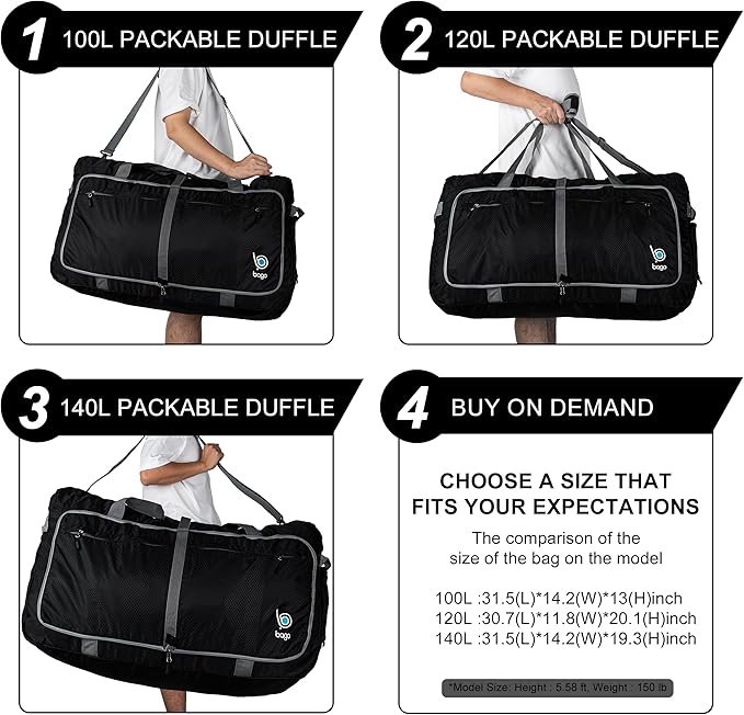Bago Large Foldable Duffel Bags for Traveling Women & Men - 120L Packable Duffle Bag for Travel with Shoe Compartment - Water Repellant, Heavy Duty, Lightweight Folding & Collapsible (SnowGray)