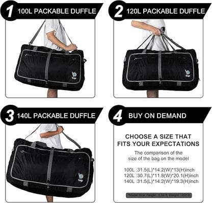 Bago Large Foldable Duffel Bags for Traveling Women & Men - 100L Packable Duffle Bag for Travel with Shoe Compartment - Water Repellant, Heavy Duty, Lightweight Folding & Collapsible (Blue)