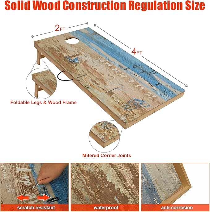 Solid Wood Premium Cornhole Game Set, Bean Bag Toss Game for Tailgate, Outdoor, Backyard - Professional Portable Cornhole Boards & Set of 8 Cornhole Bean Bags (Junior, Tailgate, Regulation Size)