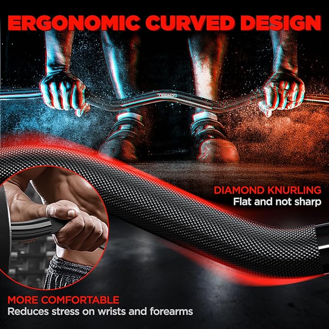 TEEMOO Olympic EZ Curl Barbell Bar, 47" Curl Bar with 2 Spring Collars,Curling bar for Weight Lifting, Squat, Hip Thrusts, Biceps, 500lb Weight Capacity, E-Coat Finish for 2 inch Weight Plates (Black)