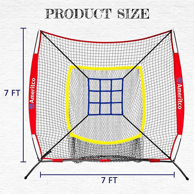7x7ft Baseball Net with Strike Zone, Large Pocket Baseball Training Net for Hitting/Batting/Pitching/Throwing,Scratch Resistant Base,Indoor/Outdoor Versatile Use for All Levels