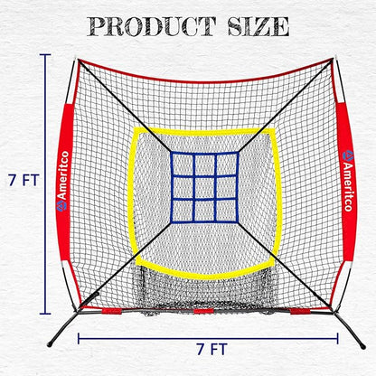 7x7ft Baseball Net with Strike Zone, Large Pocket Baseball Training Net for Hitting/Batting/Pitching/Throwing,Scratch Resistant Base,Indoor/Outdoor Versatile Use for All Levels