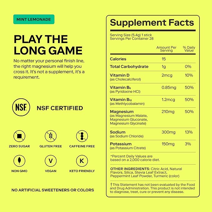 MAGNA Electrolyte Powder Drink Mix for Hydration, Energy & Focus Support with Magnesium L Threonate, Sodium, Potassium, Vitamin D, B6 & B12, Sugar Free, Mint Lemonade Flavor, 14 Servings