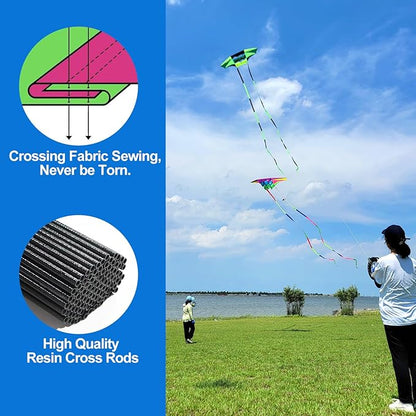 Beach Kites for Adults Large with Long Tail, 98 inches Super Easy Flyer 3D Rainbow Box Kites, Comes with Two 49 Feet Multi Colors Tails, 300 ft Kite String & Handle