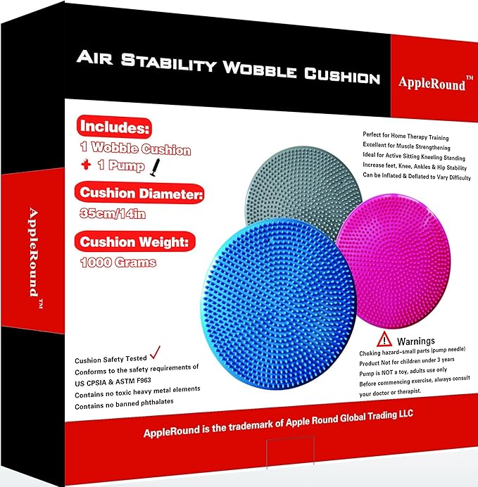 AppleRound Inflated Wobble Cushion with Hand Pump, Air Stability Board (Extra Thick), Core Balance Disc for Adults, Sensory Wiggle Seat for Kids, Flexible Seating for All Age, 13.5in / 34cm Diameter