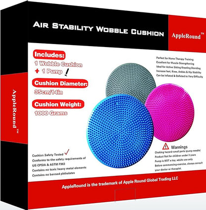 AppleRound Inflated Wobble Cushion with Hand Pump, Air Stability Board (Extra Thick), Core Balance Disc for Adults, Sensory Wiggle Seat for Kids, Flexible Seating for All Age, 13.5in / 34cm Diameter