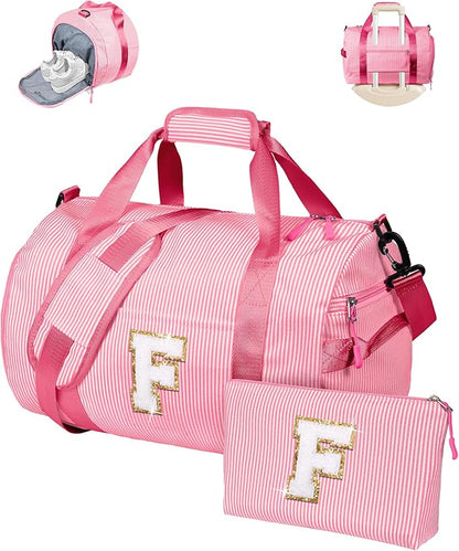 Teen Girl Gifts Trendy Stuff, Girl Gym Bag, Kids Initial Overnight Duffel Bags with Shoe Compartment, Personalized Travel Bag with Makeup Pouch, Birthday Gift for Daughter Niece (Letter F)