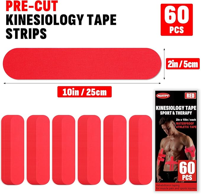 60PCS Precut Kinesiology Tape Strips, 2 inch x 10 inch Athletic Tape, Kinetic Tape, Elastic Muscle Tape, Sports Tape, Knee Tape for Exercise and Daily Use - Red