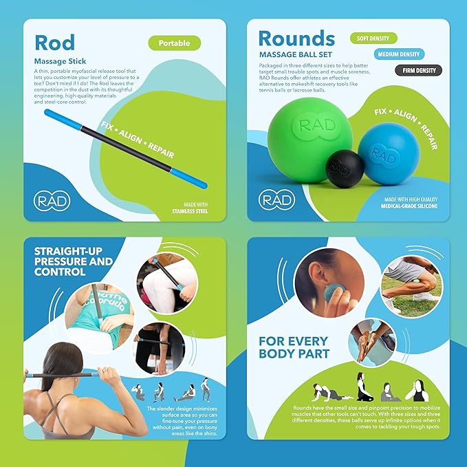 RAD All-in Complete Myofascial Release and Muscle Recovery Set - Includes Exercise Foam Rollers, Multi-Use Yoga Block, Peanut & Massage Balls, Neuro Ball Foot Roller, and Massage Stick