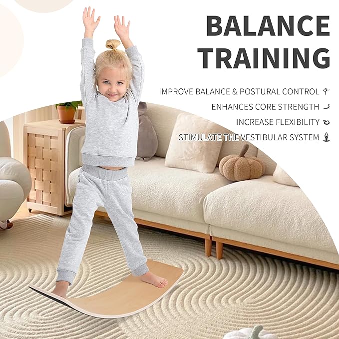 Balance Board, 32 Inch Wooden Wobble Board, Montessori Rocker Yoga Curvy Board Natural Wood, Open Ended Learning Toy, Sensory Play Equipment for Office & Classroom, Multiple Colors