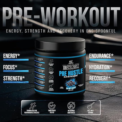 BLACKLABEL Supplements PRE Hustle V3 Pre-Workout Powder ??NSF Certified for Sport ??Energy, Strength & Endurance Support ??Blue Razz ??with Creatine & Caffeine ??30 Servings